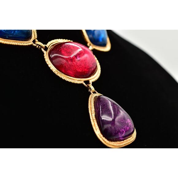 KJL Avon Cabochon Necklace Bib Multicolor Gripoix Jelly Gold Chunky Signed BinAU - Picture 6 of 12
